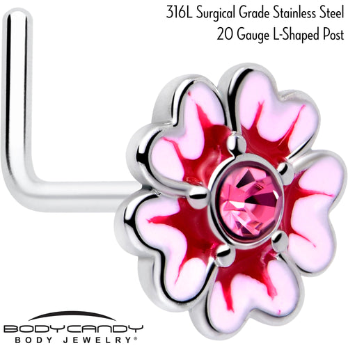 20G 5/16 Pink CZ Gem Dainty Pink Flower L Shape Nose Ring